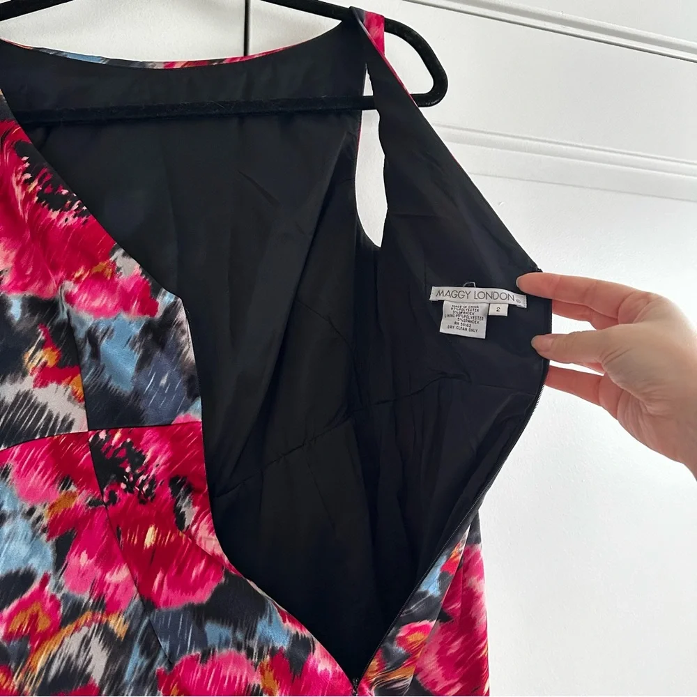 Maggy London Pink, Black and Grey Floral Satin Dress